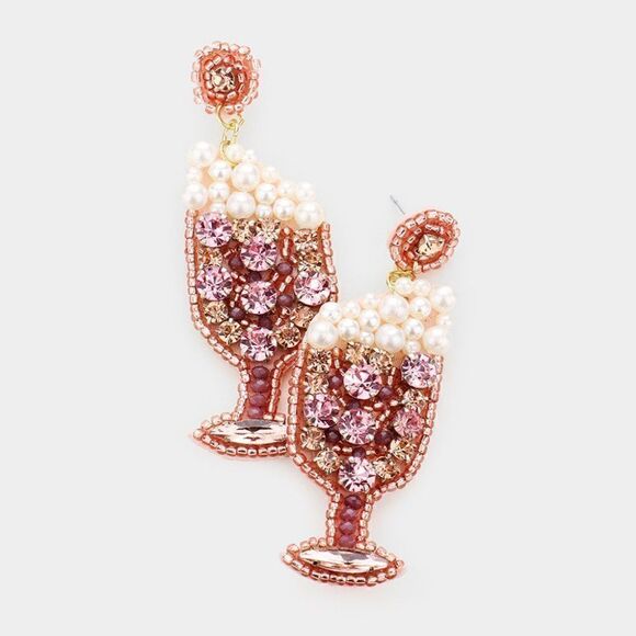 Pink Pearl Rhinestone Cluster Champagne Earrings - Picture 1 of 5